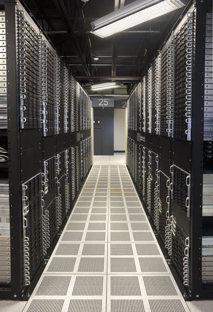 Row of computer network servers in clean room